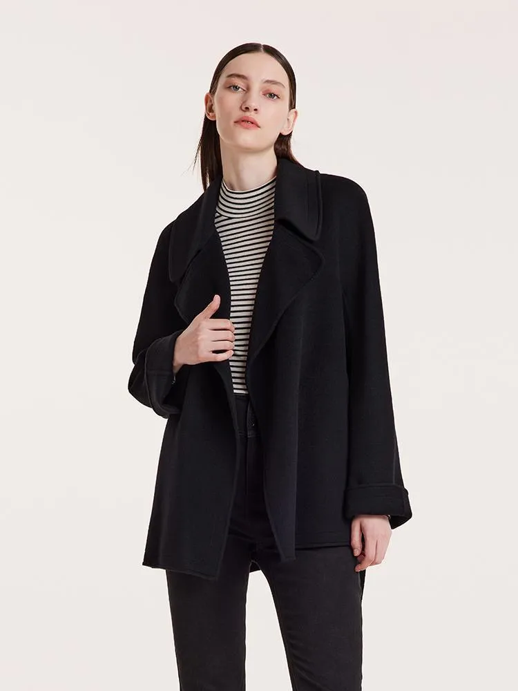 Tencel Wool Lapel Double-Faced Women Coat With Belt