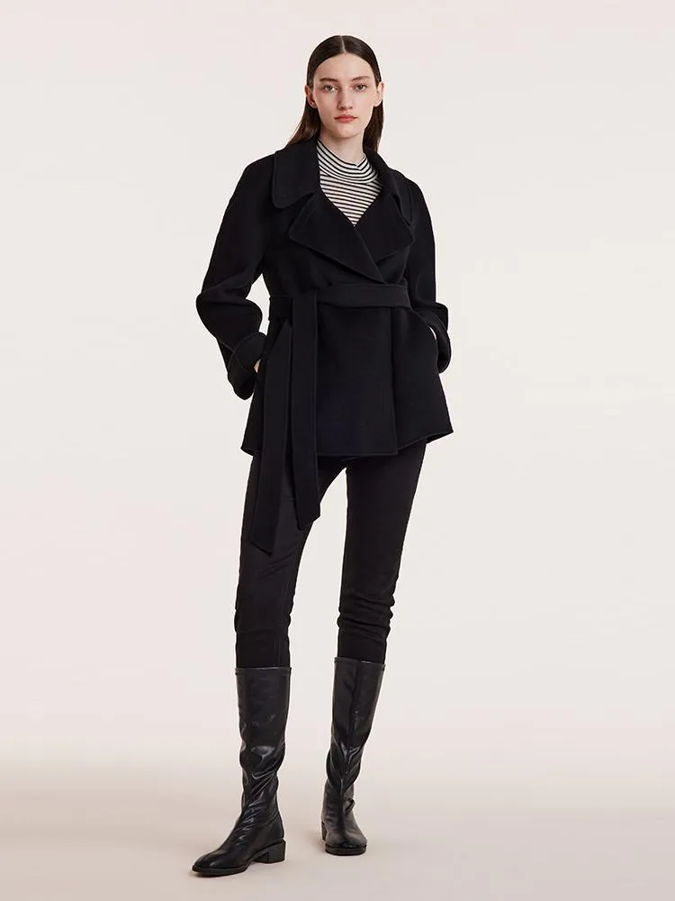 Tencel Wool Lapel Double-Faced Women Coat With Belt