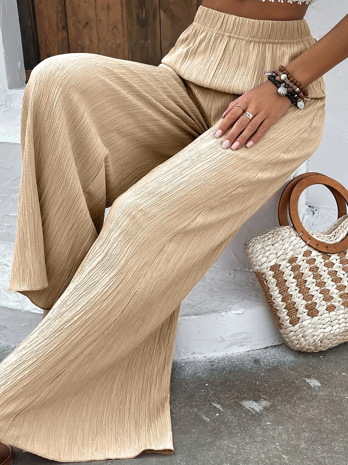 Textured High-Waist Wide Leg Pants