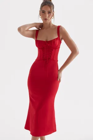 Tie Neck Lace Up Satin Corset Cocktail Party Midi Dress - Red