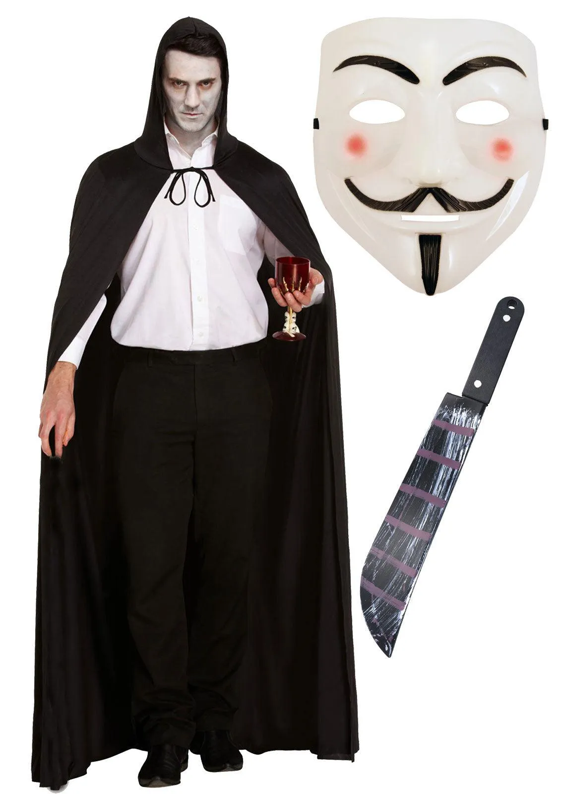 V for Vendetta Face Mask Long Black Cape with Hood Novelty Blooded Machete 50 Cm Halloween Scary vendetta Costume Set