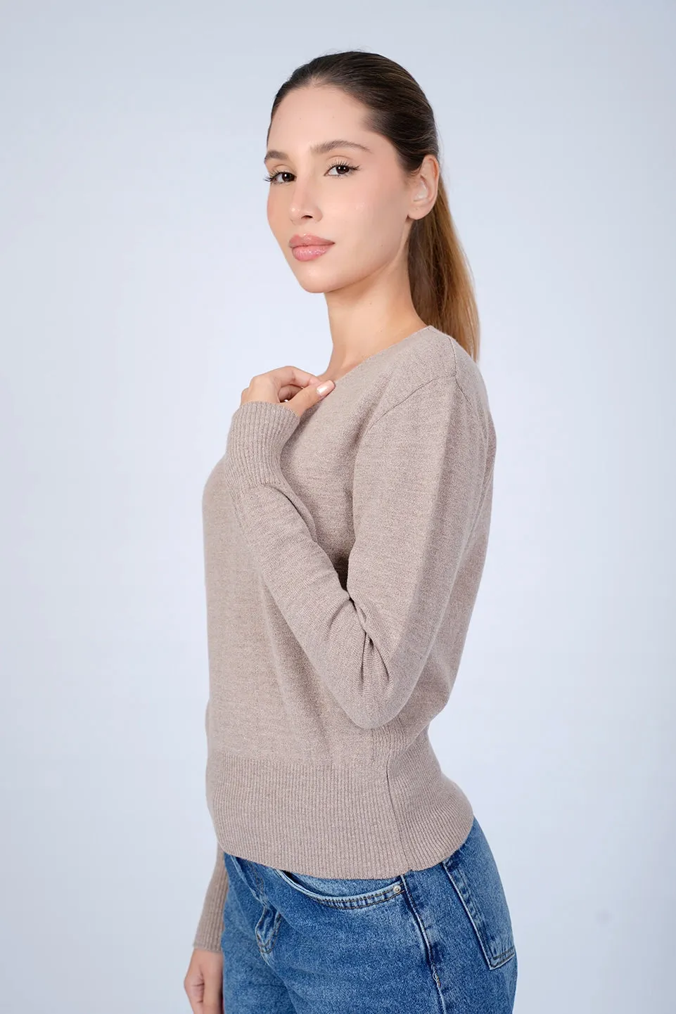 V-Neck Dark Beige Knit Wear