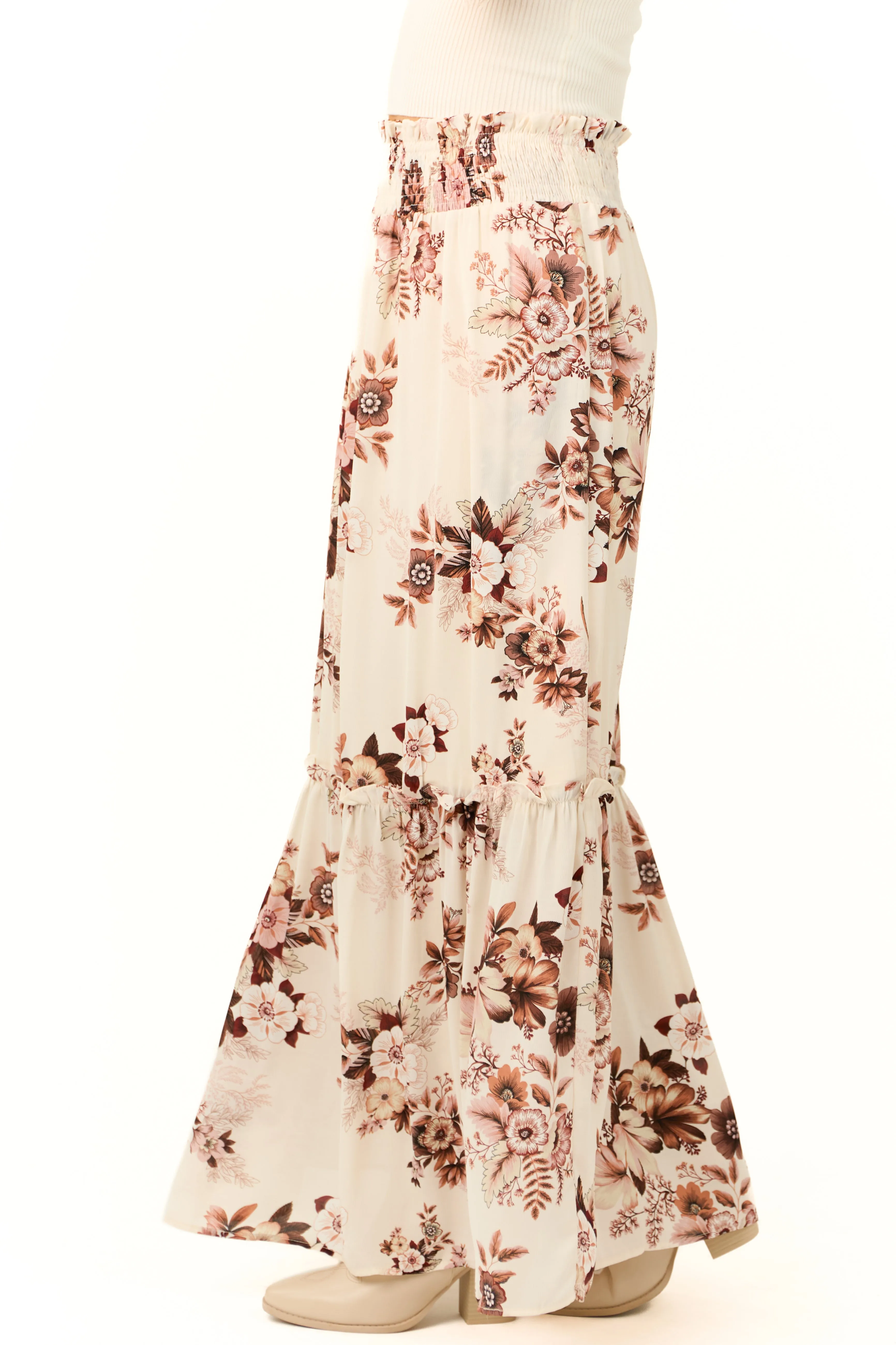 Vanilla Floral Print Smocked Waist Maxi Skirt