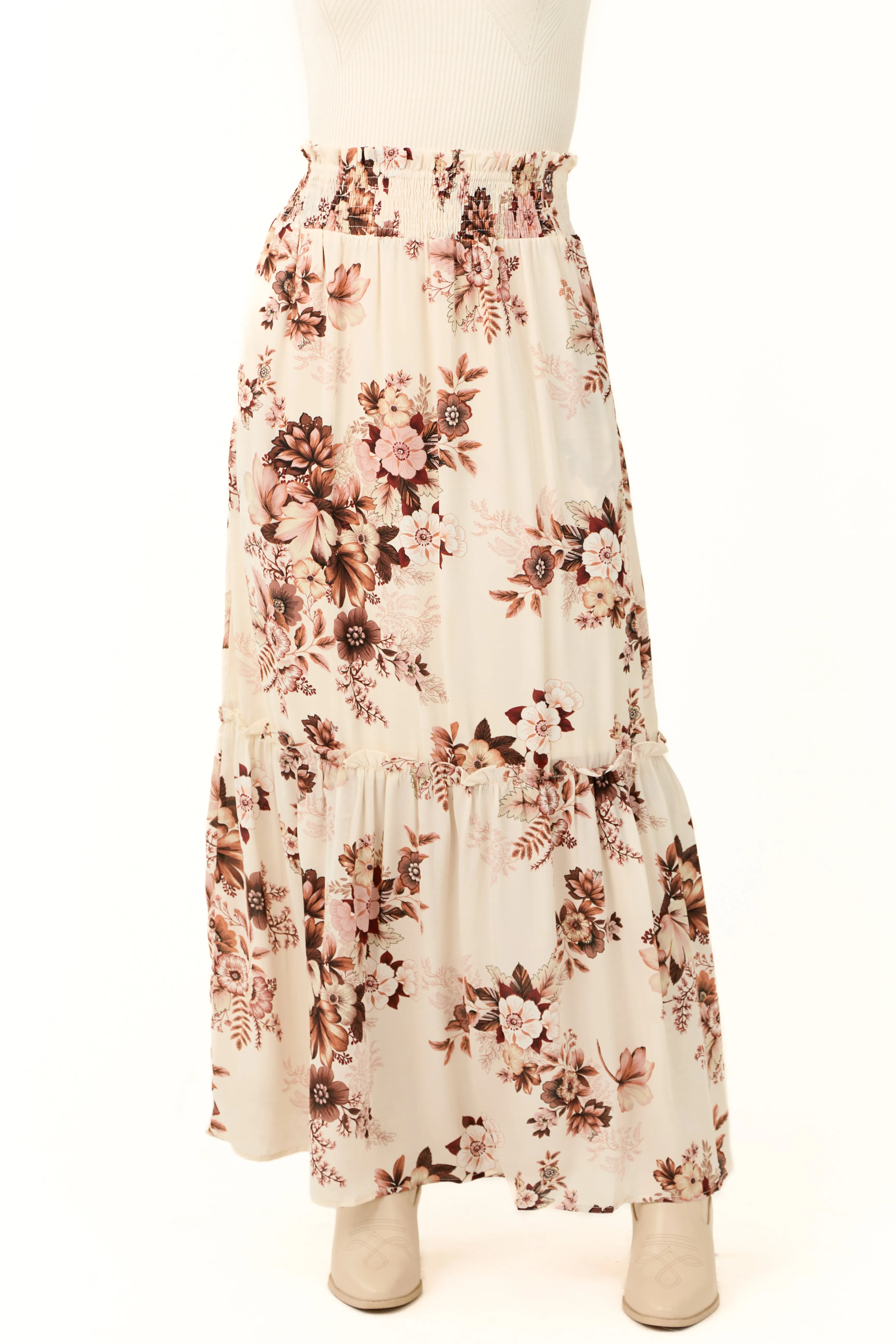 Vanilla Floral Print Smocked Waist Maxi Skirt