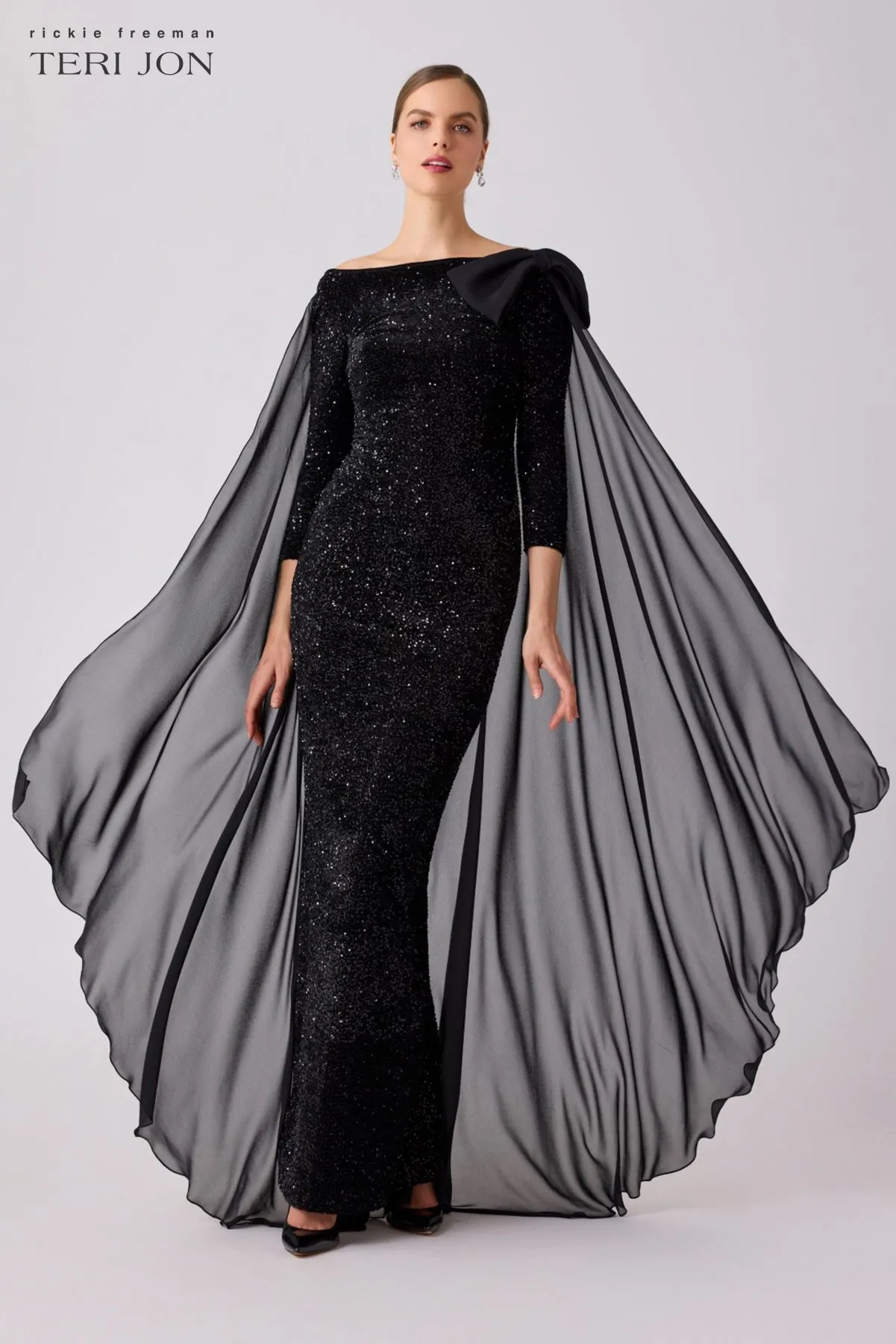 Velvet Sequin Chiffon Cape Evening Gown