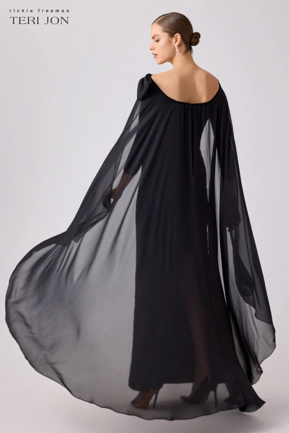 Velvet Sequin Chiffon Cape Evening Gown