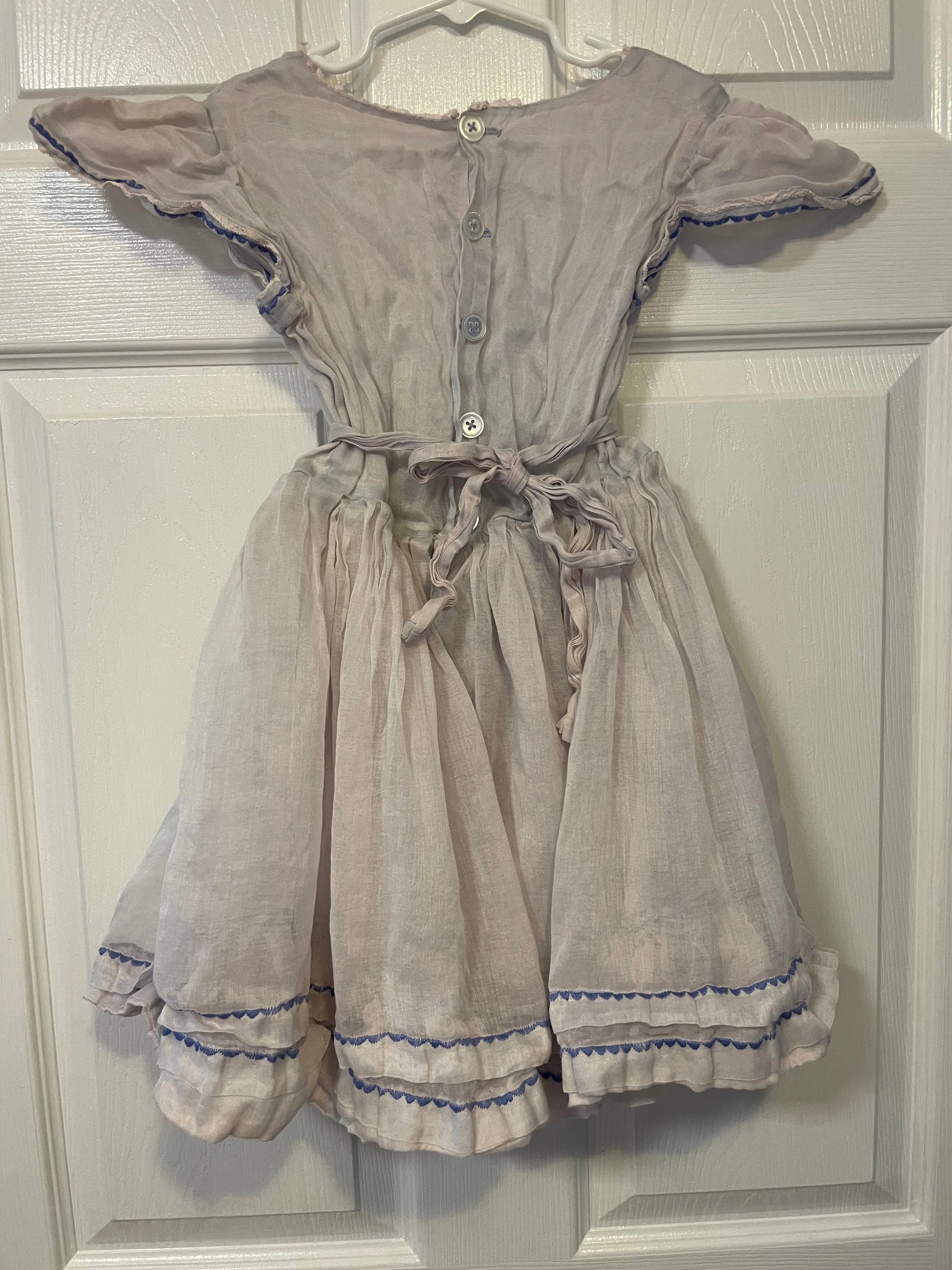 Vintage Girls Sz 4T White Sheer Dress Trimmed in Blue Embroidery Short Sleeve Slip Ruffle Hem