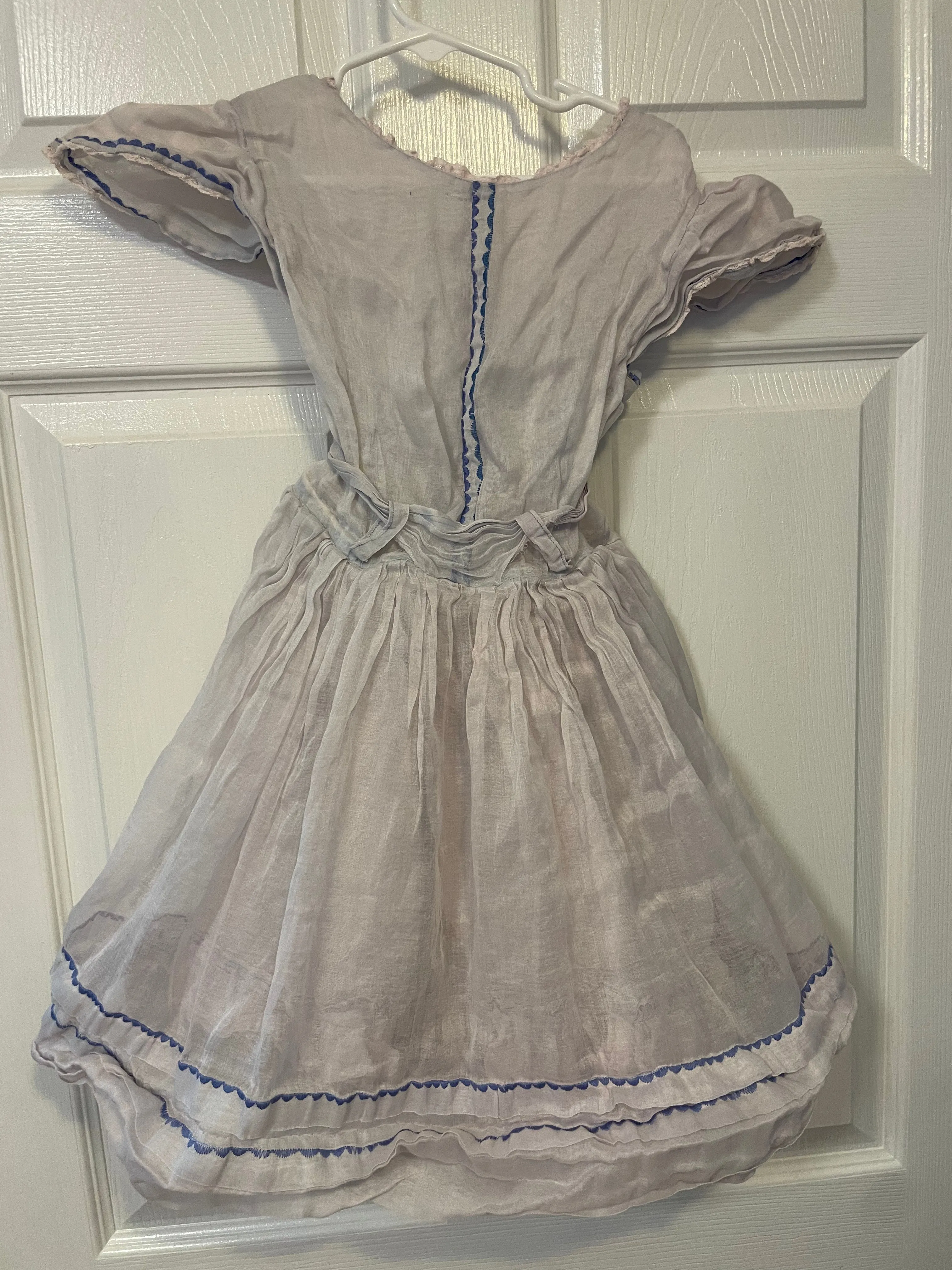 Vintage Girls Sz 4T White Sheer Dress Trimmed in Blue Embroidery Short Sleeve Slip Ruffle Hem