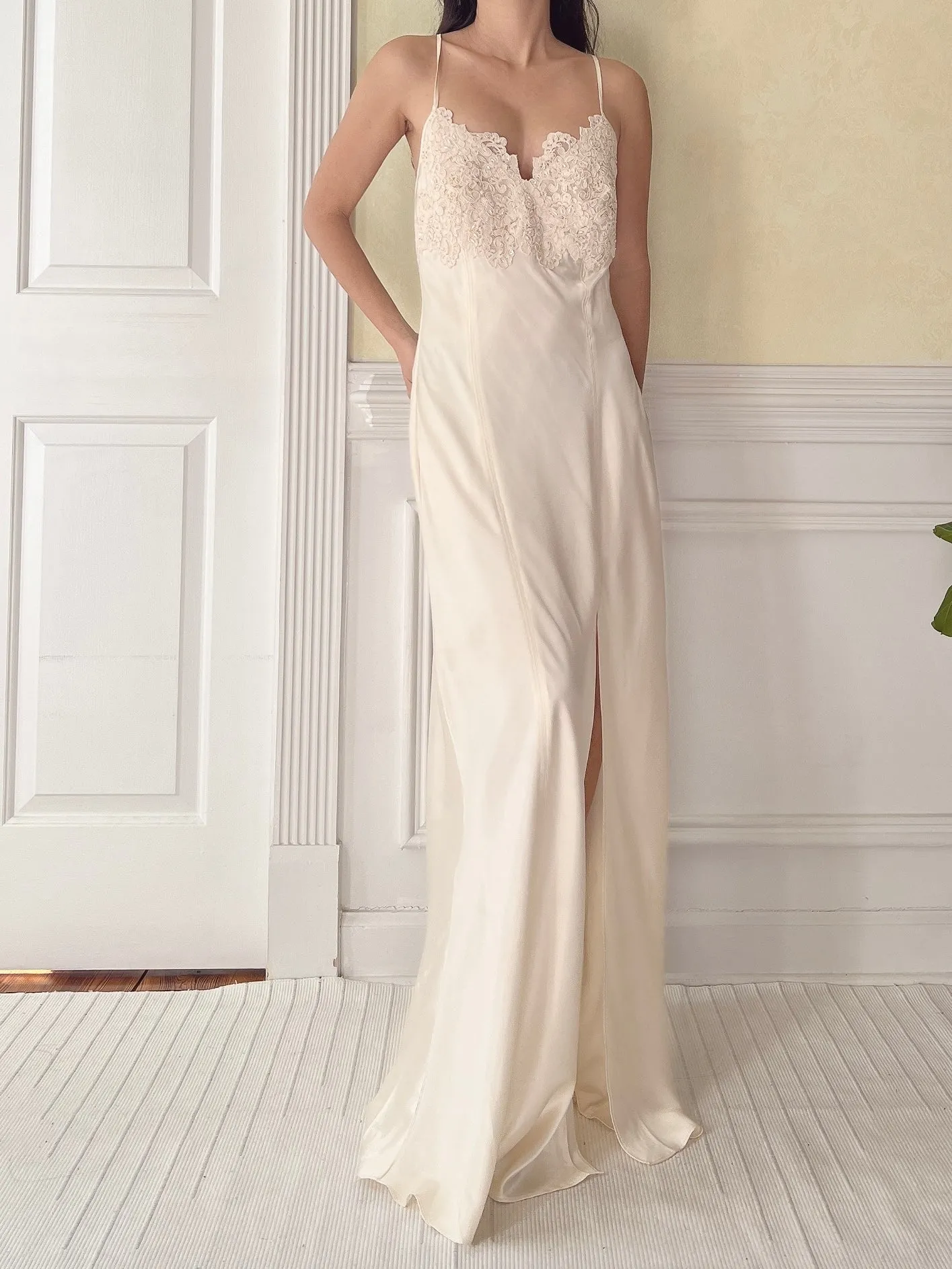 Vintage Ivory Lace and Satin Slip Dress - M