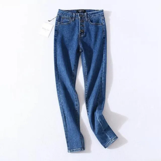 Vintage Skinny Four Buttons High Waist Pencil Jeans Slim Fit Denim