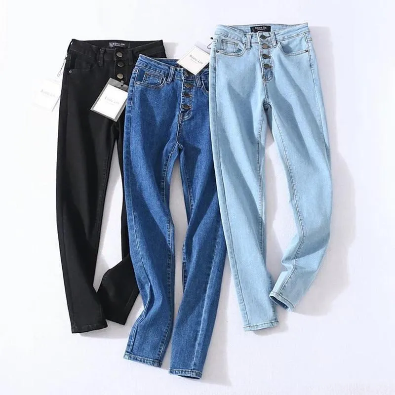 Vintage Skinny Four Buttons High Waist Pencil Jeans Slim Fit Denim