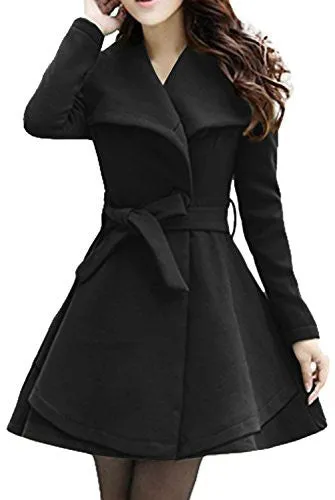 Wantdo Women's Wool Wrap Swing Coat with Belt(Black, Small)