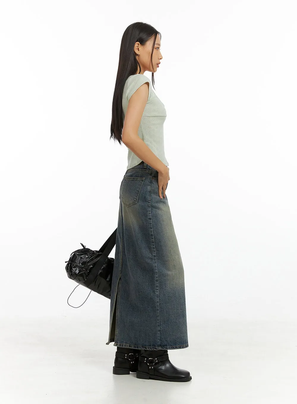 Washed Denim Maxi Skirt IG405