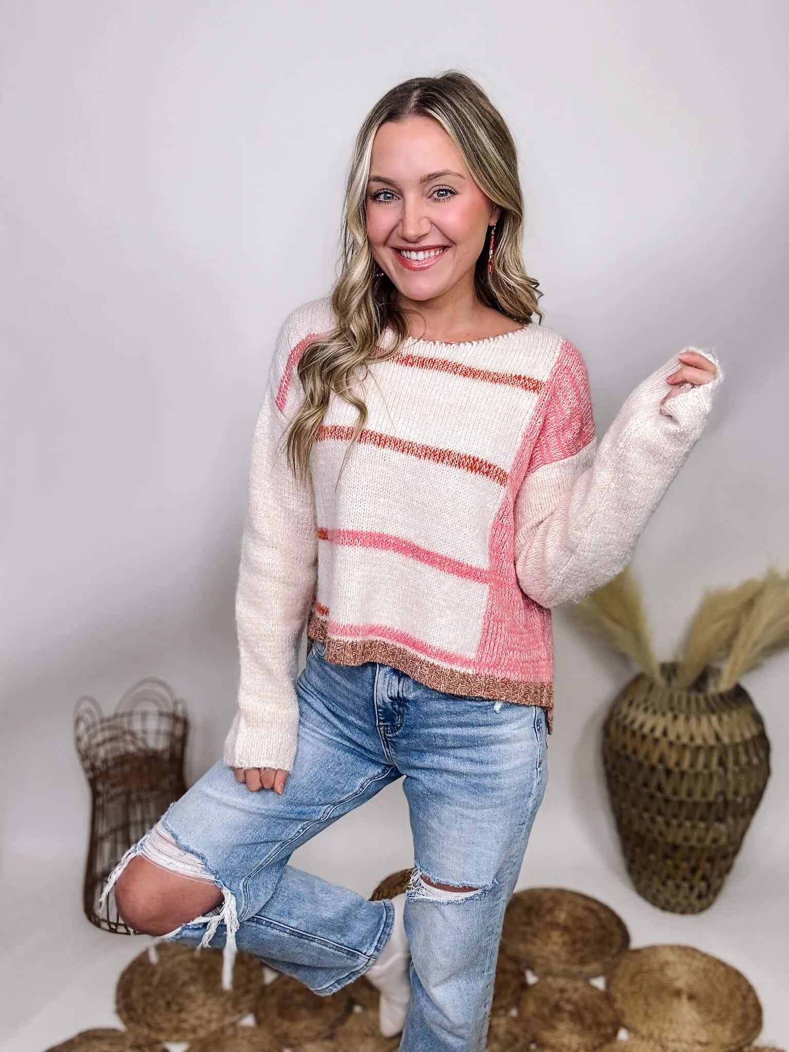 White and Pink Striped Sweater