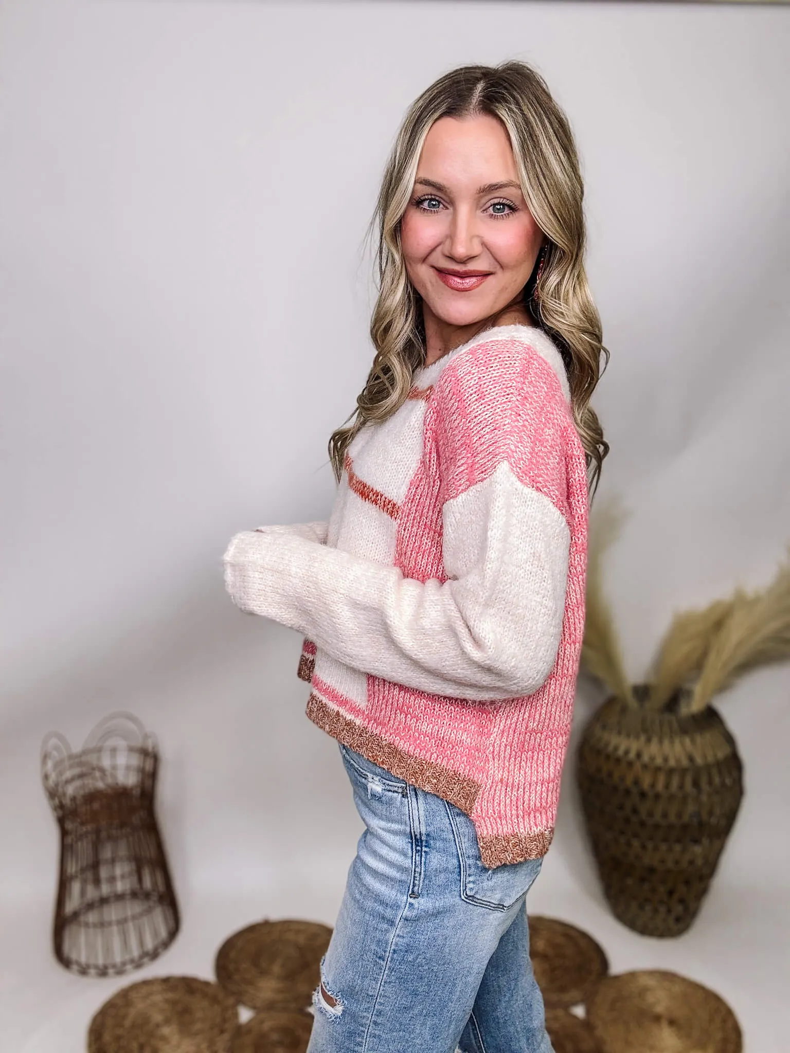 White and Pink Striped Sweater