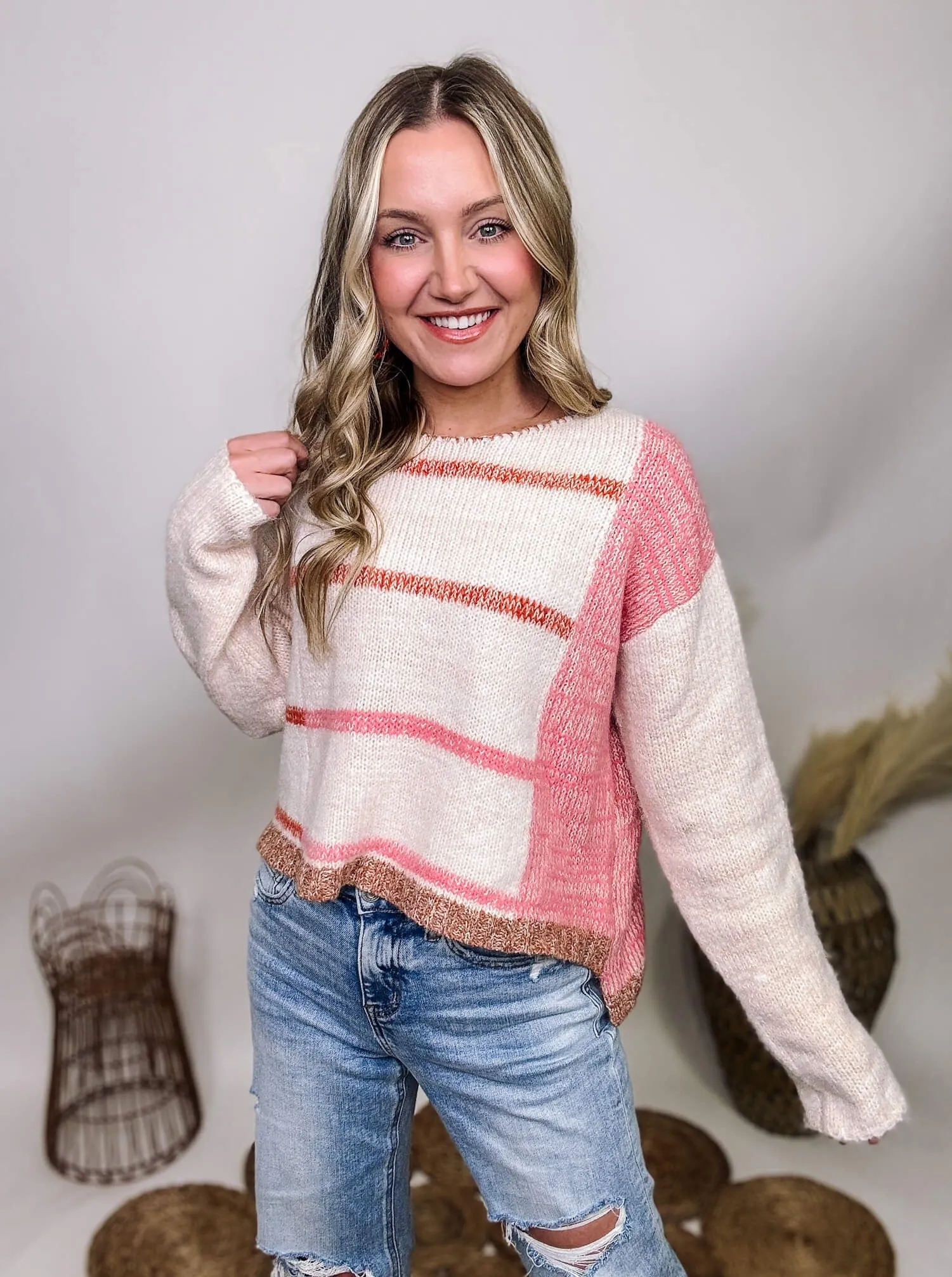 White and Pink Striped Sweater