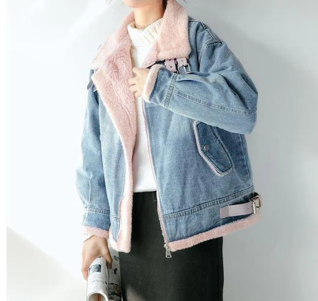 White Faux Fur High Collar Denim Jacket