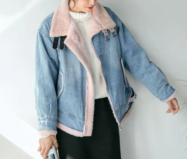 White Faux Fur High Collar Denim Jacket