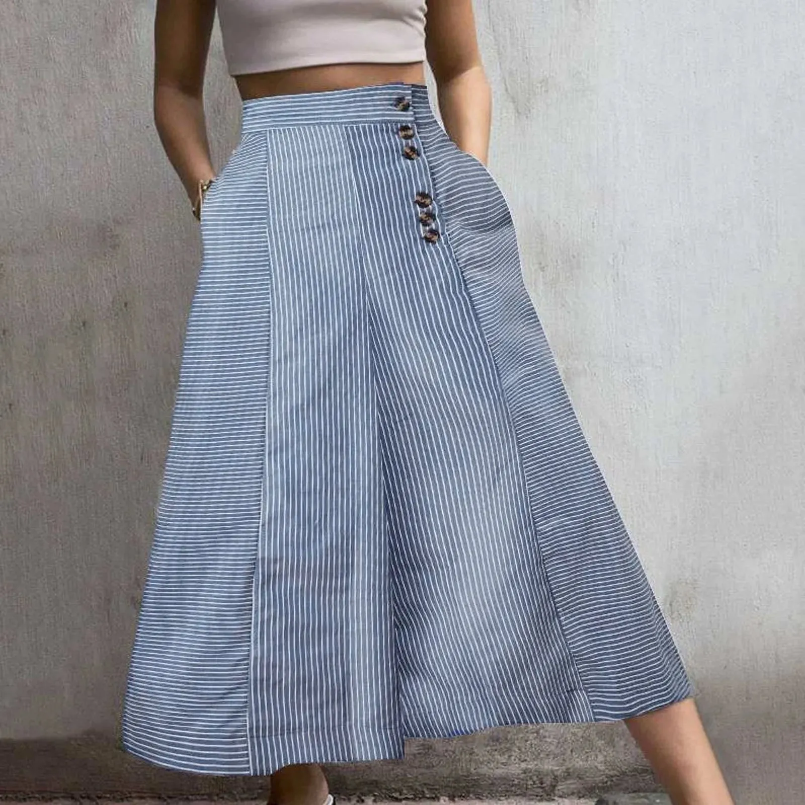 Wide Summer Irregular Striped Loose High Pocket Elastic Ankle Length Fashion Pants