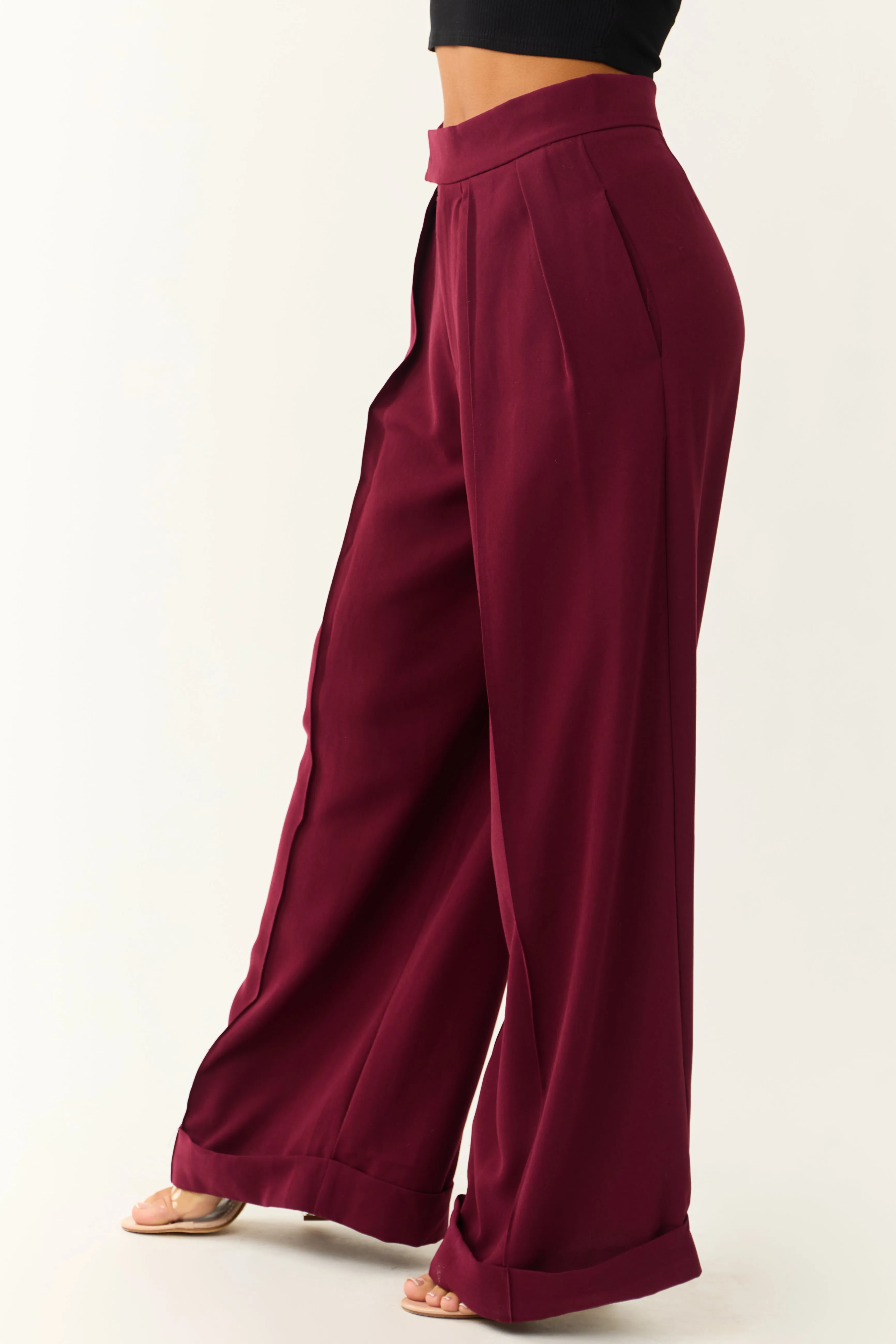 Wine Pleated High Waist Super Wide Leg Pants