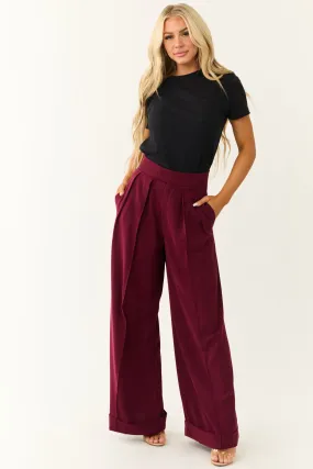 Wine Pleated High Waist Super Wide Leg Pants