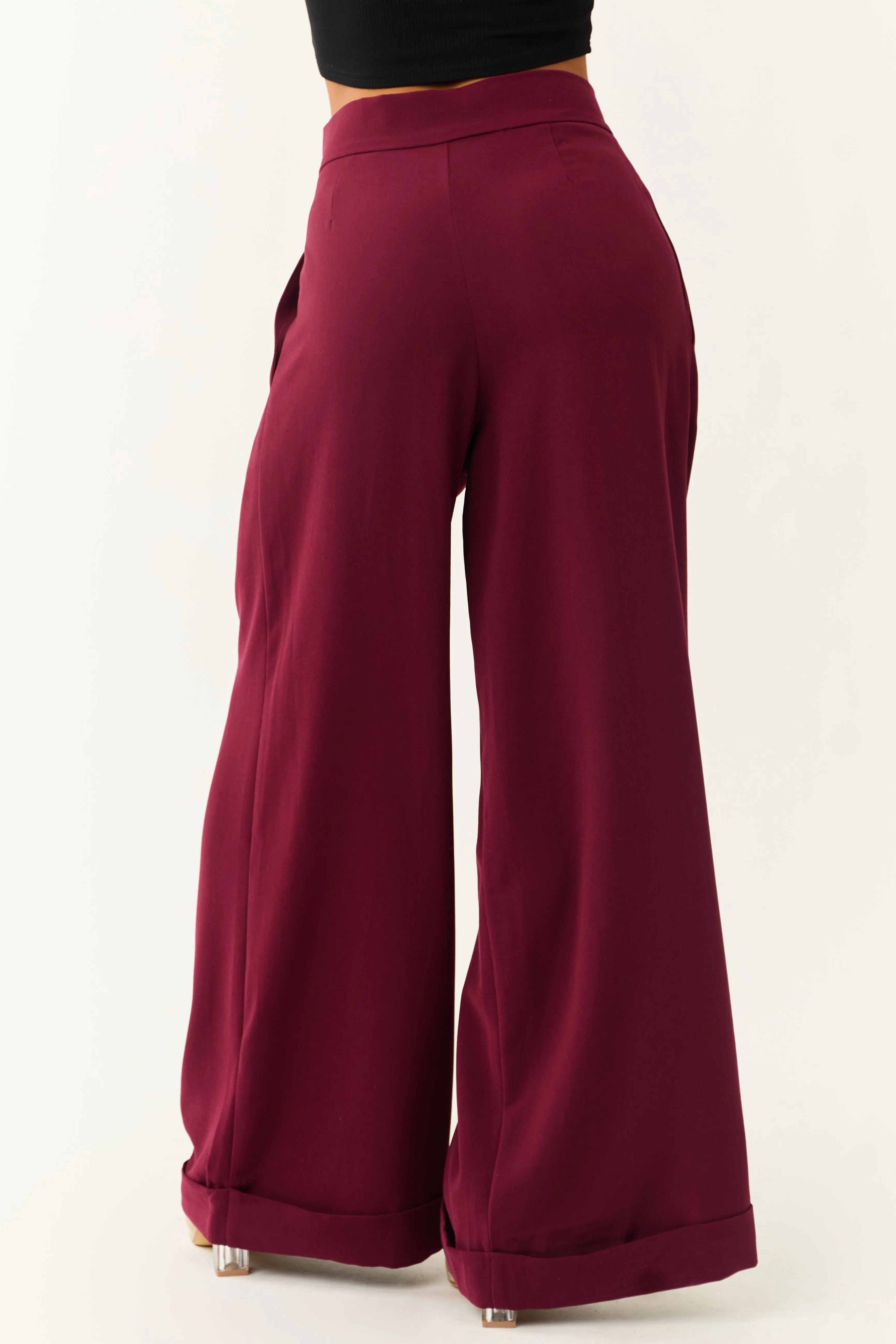 Wine Pleated High Waist Super Wide Leg Pants