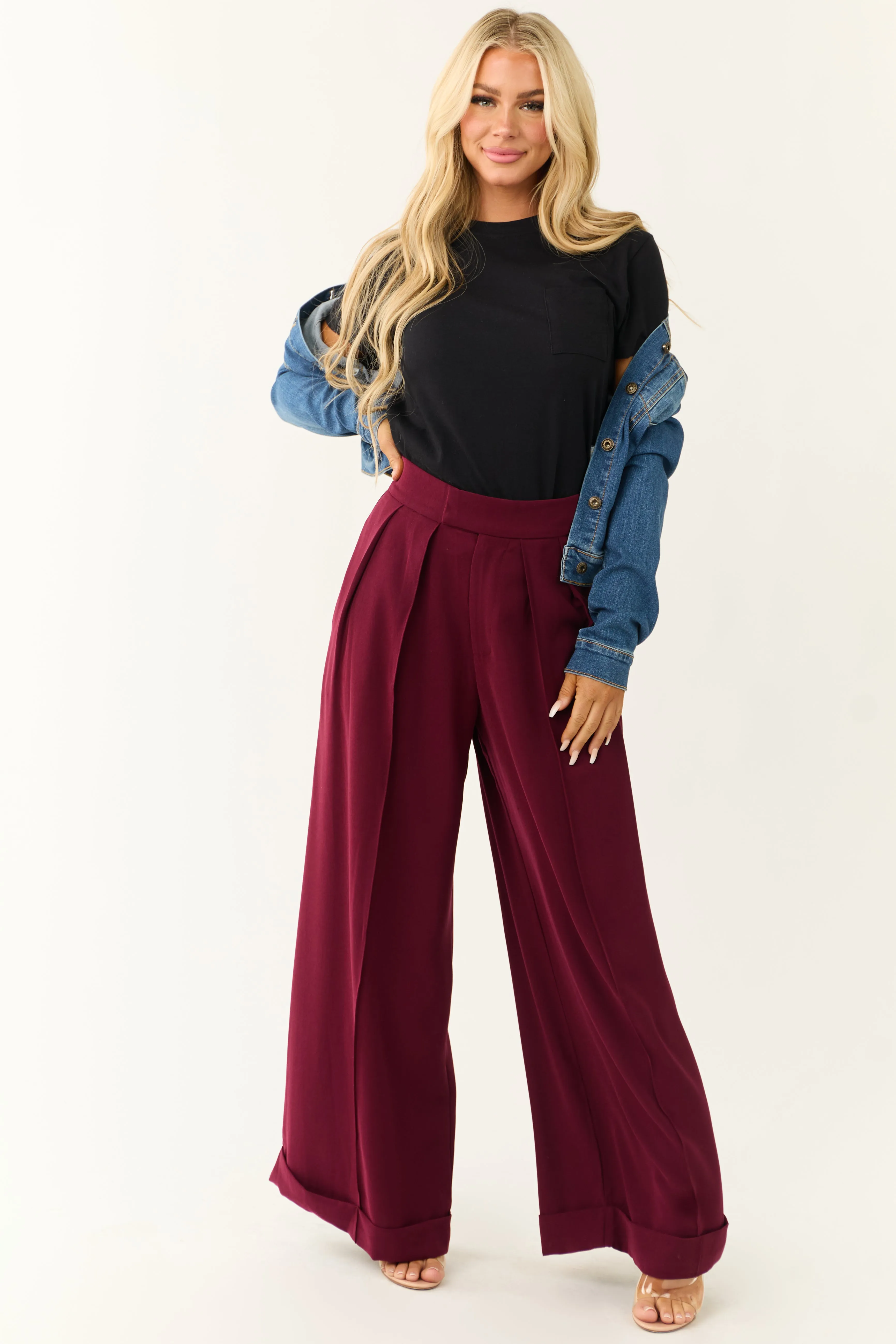 Wine Pleated High Waist Super Wide Leg Pants