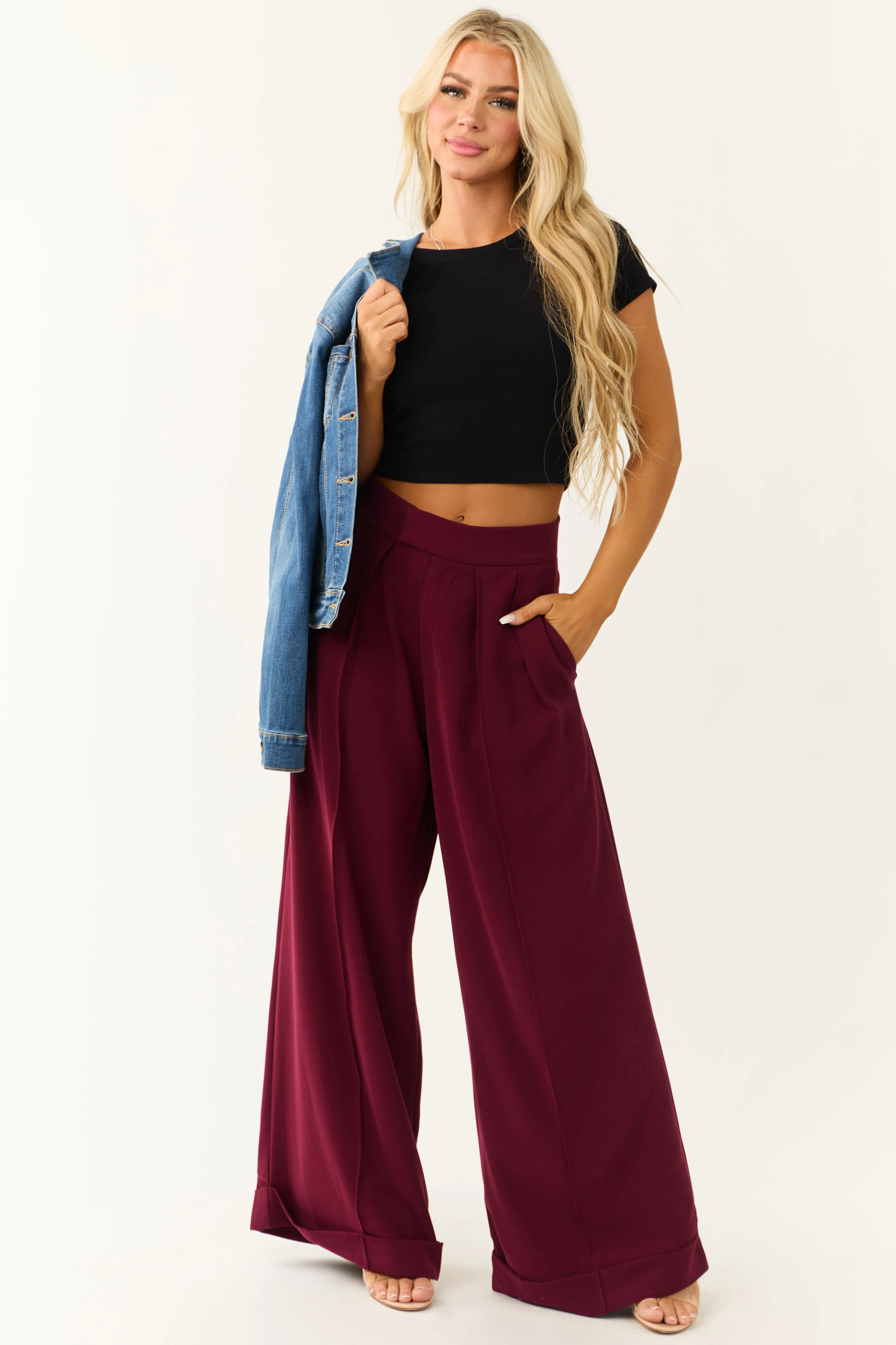 Wine Pleated High Waist Super Wide Leg Pants