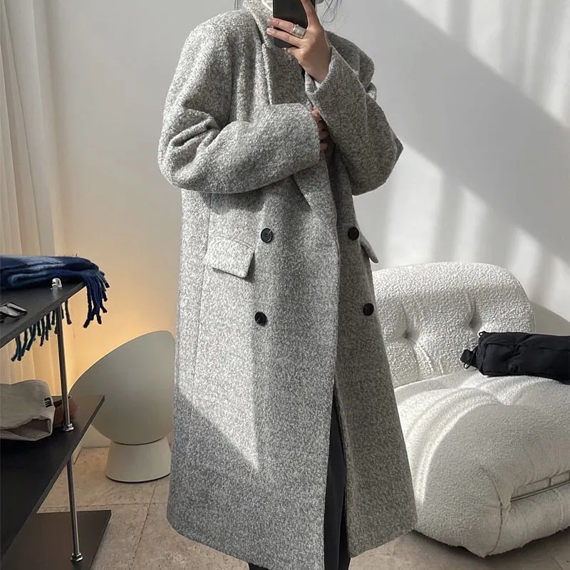 Wjczt Winter women's casual solid color lapel long-sleeved double-breasted pockets decorated long loose coat