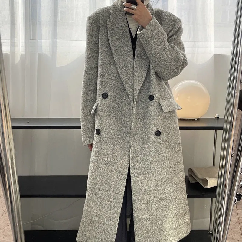 Wjczt Winter women's casual solid color lapel long-sleeved double-breasted pockets decorated long loose coat