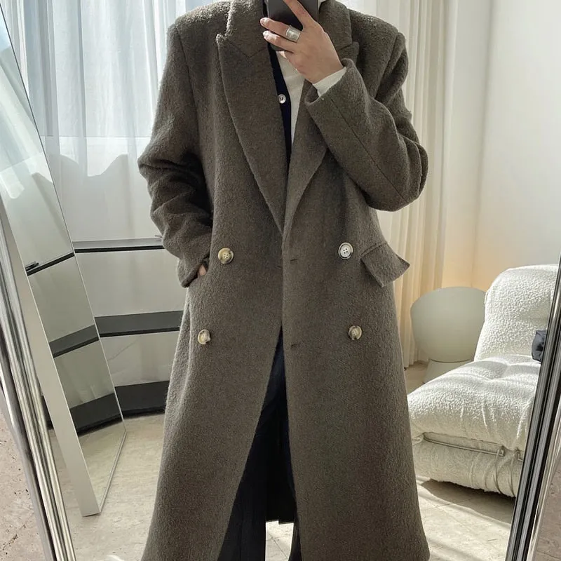 Wjczt Winter women's casual solid color lapel long-sleeved double-breasted pockets decorated long loose coat