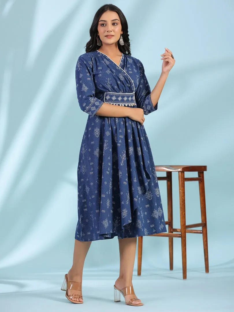 Women Cotton Cambric Blue Printed Midi Dress