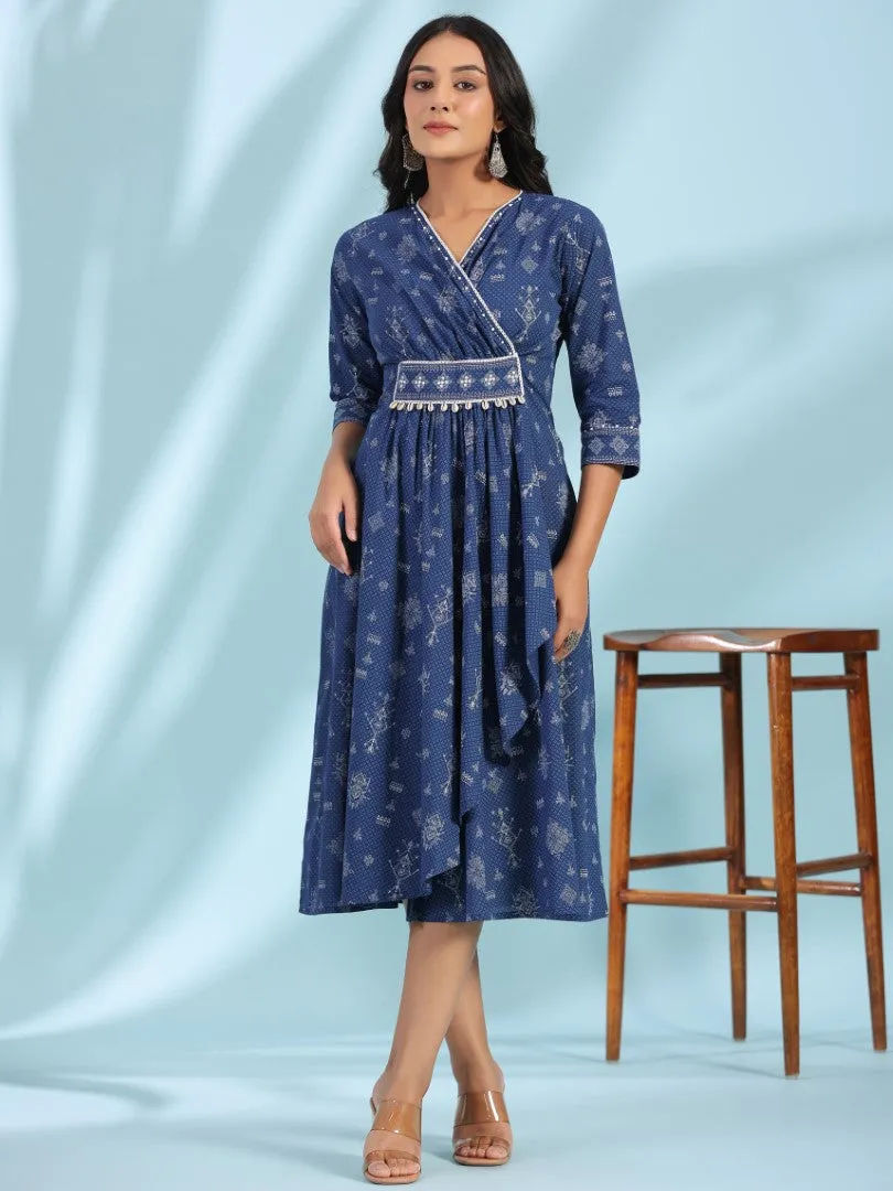 Women Cotton Cambric Blue Printed Midi Dress