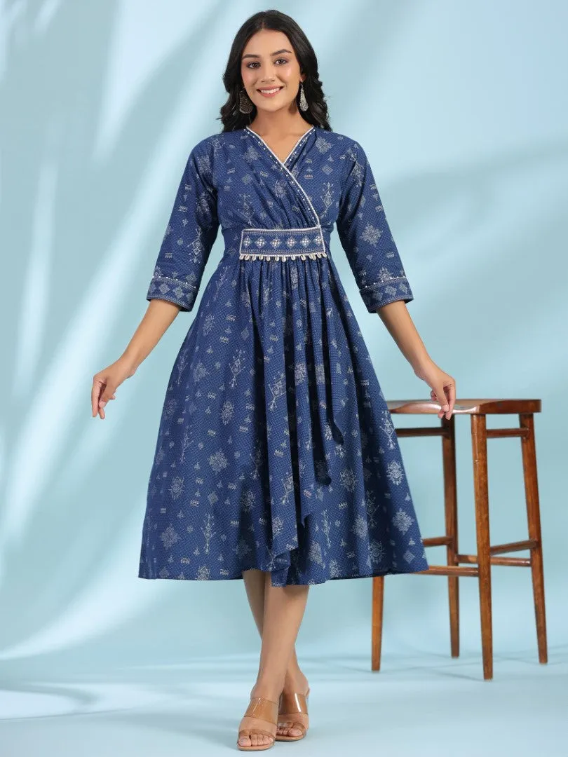 Women Cotton Cambric Blue Printed Midi Dress