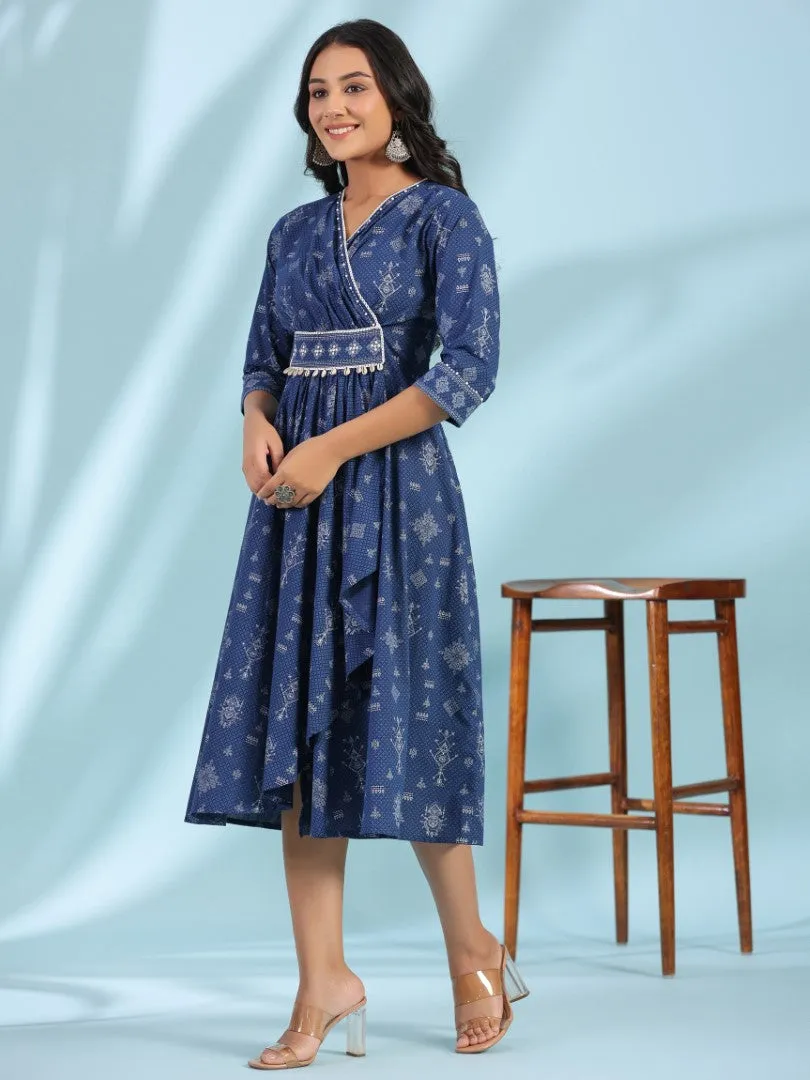 Women Cotton Cambric Blue Printed Midi Dress