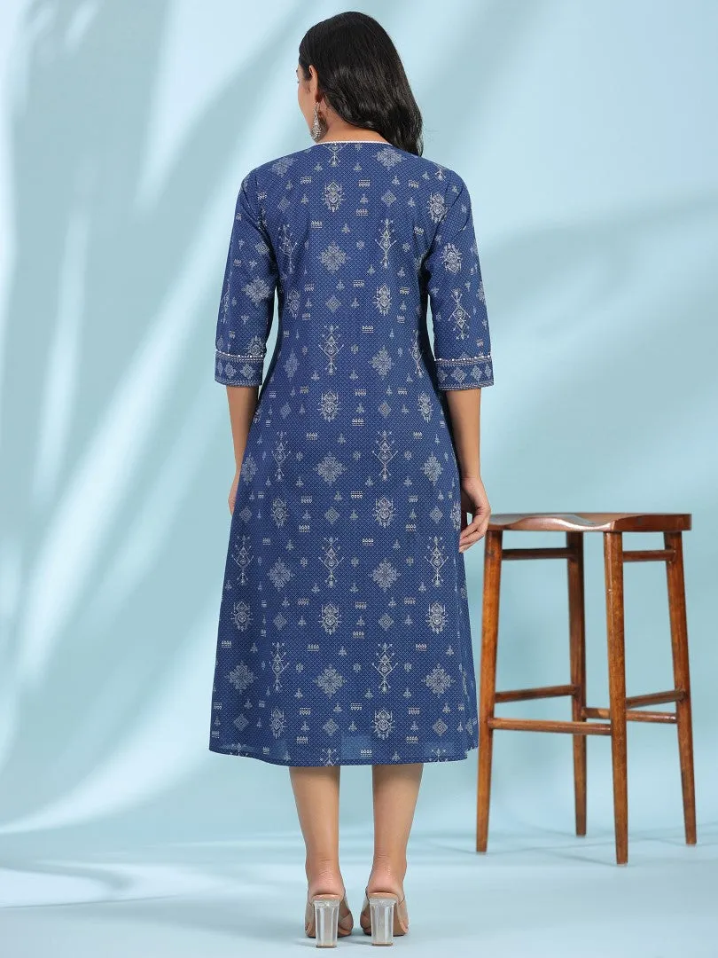 Women Cotton Cambric Blue Printed Midi Dress