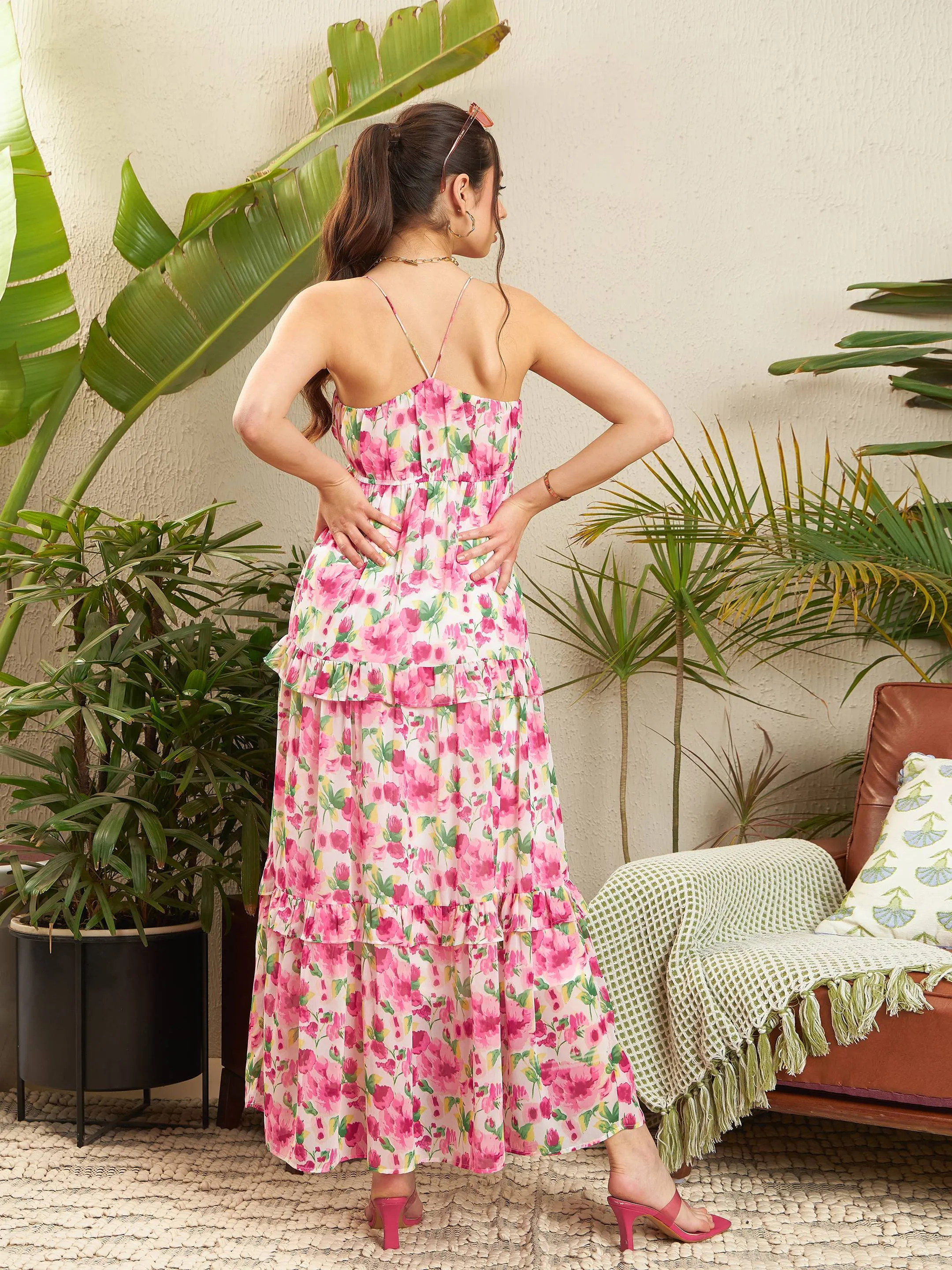 Women Pink Floral Strappy Ruffle Maxi Dress