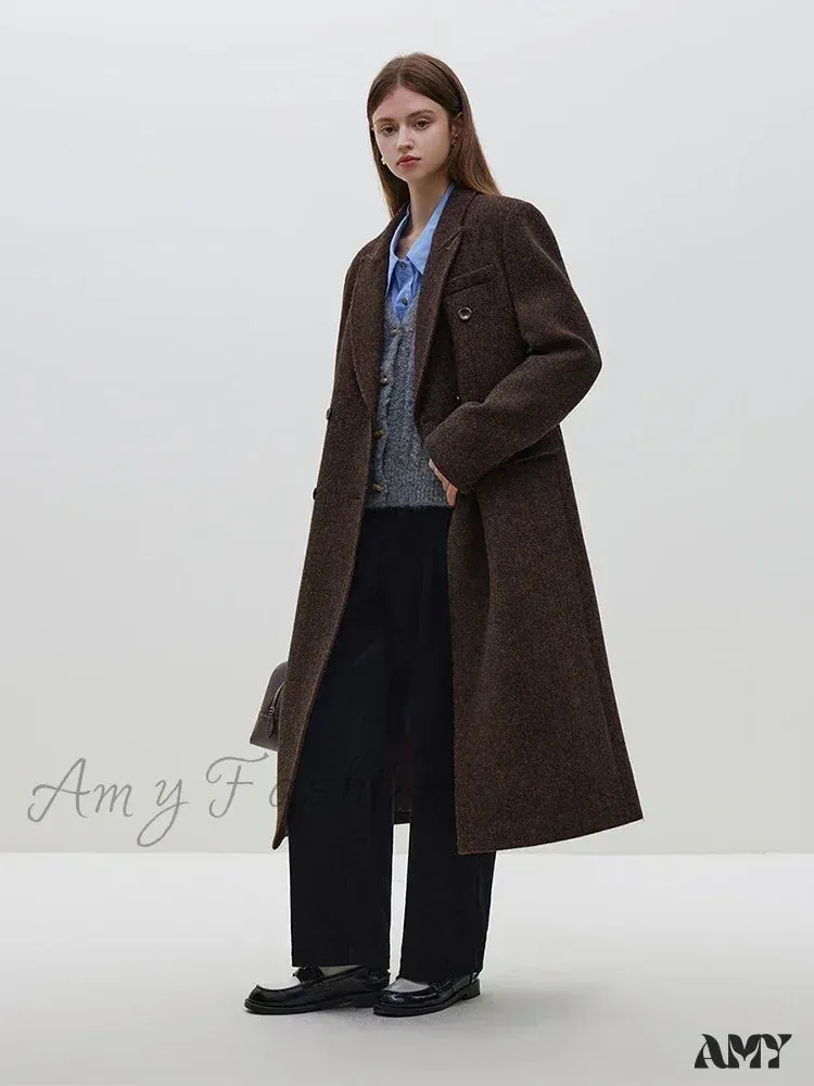 Wool Notched Collar Front Shoulder Coffee Color Double Breasted Long Coat