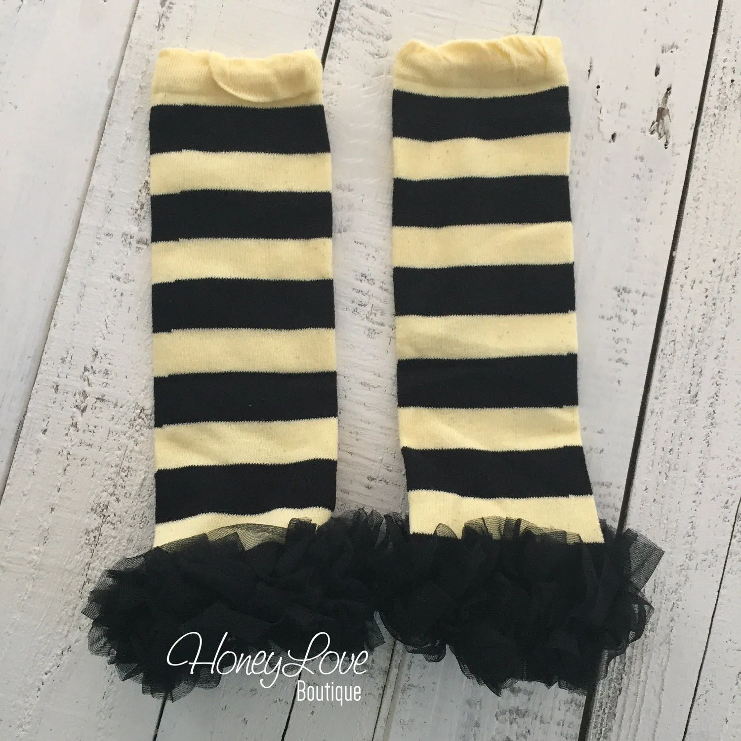 Yellow and Black Bumble Bee leg warmers, black ruffle bottom bloomer, matching flower headband