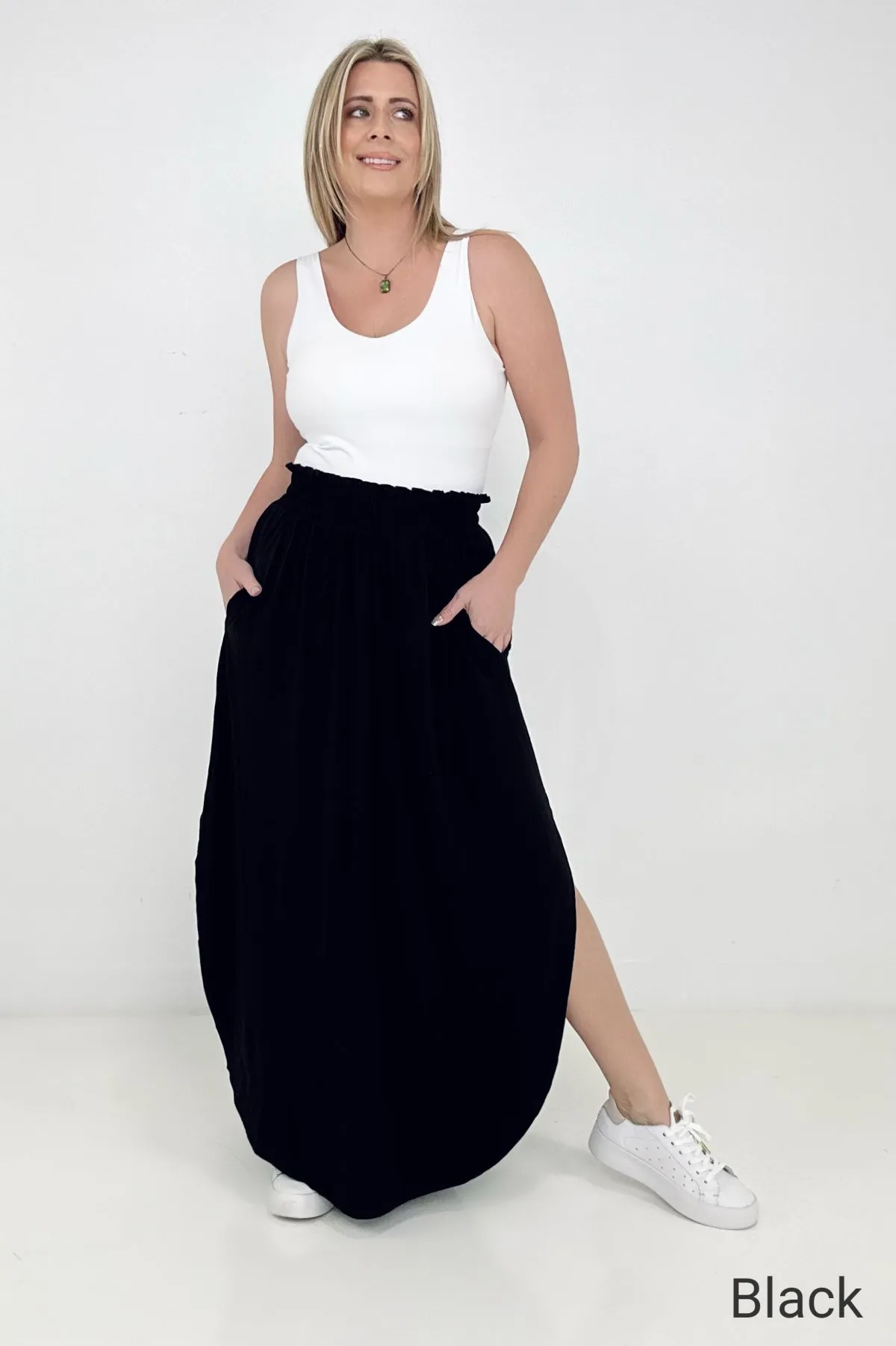 Zenana "Sydney" Smocked Waist Side Slit Maxi Skirt