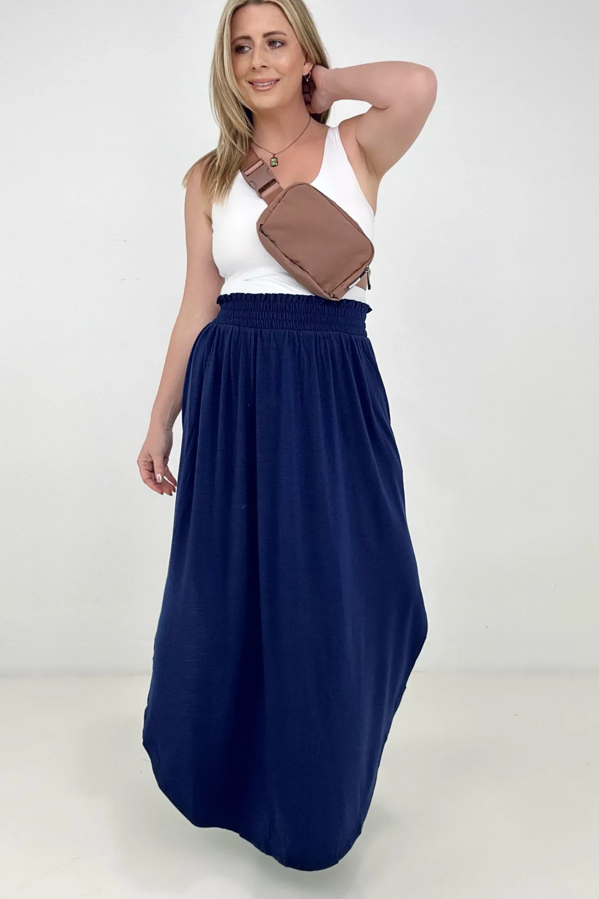 Zenana "Sydney" Smocked Waist Side Slit Maxi Skirt